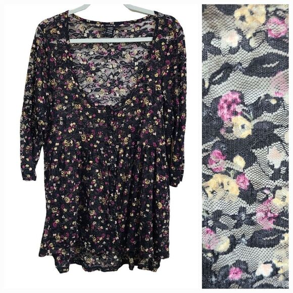 Torrid Black Floral Lace Sheer Mesh Peplum Babydoll Blouse Button Front Top 2/2X - Picture 1 of 15